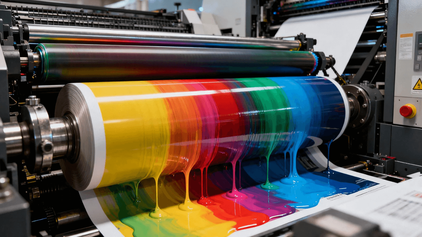 Printing press with CMYK ink rollers